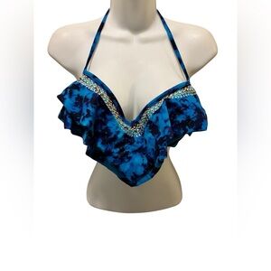 Victoria’s Secret Pink Blue Tie Dye Ruffle Bikini Top W/Embroidery Sz M Push Up